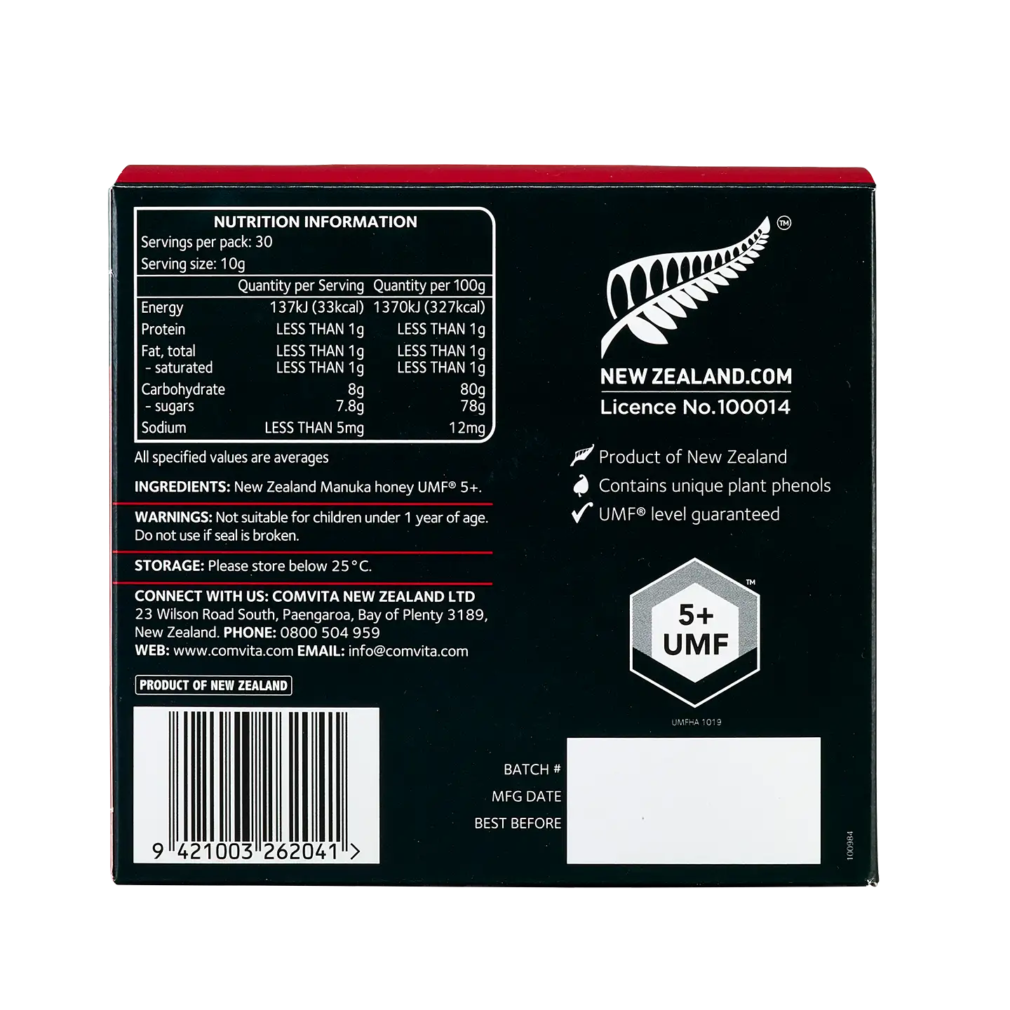 UMF 5+ Manuka Honey Sachets 30s Box Back
