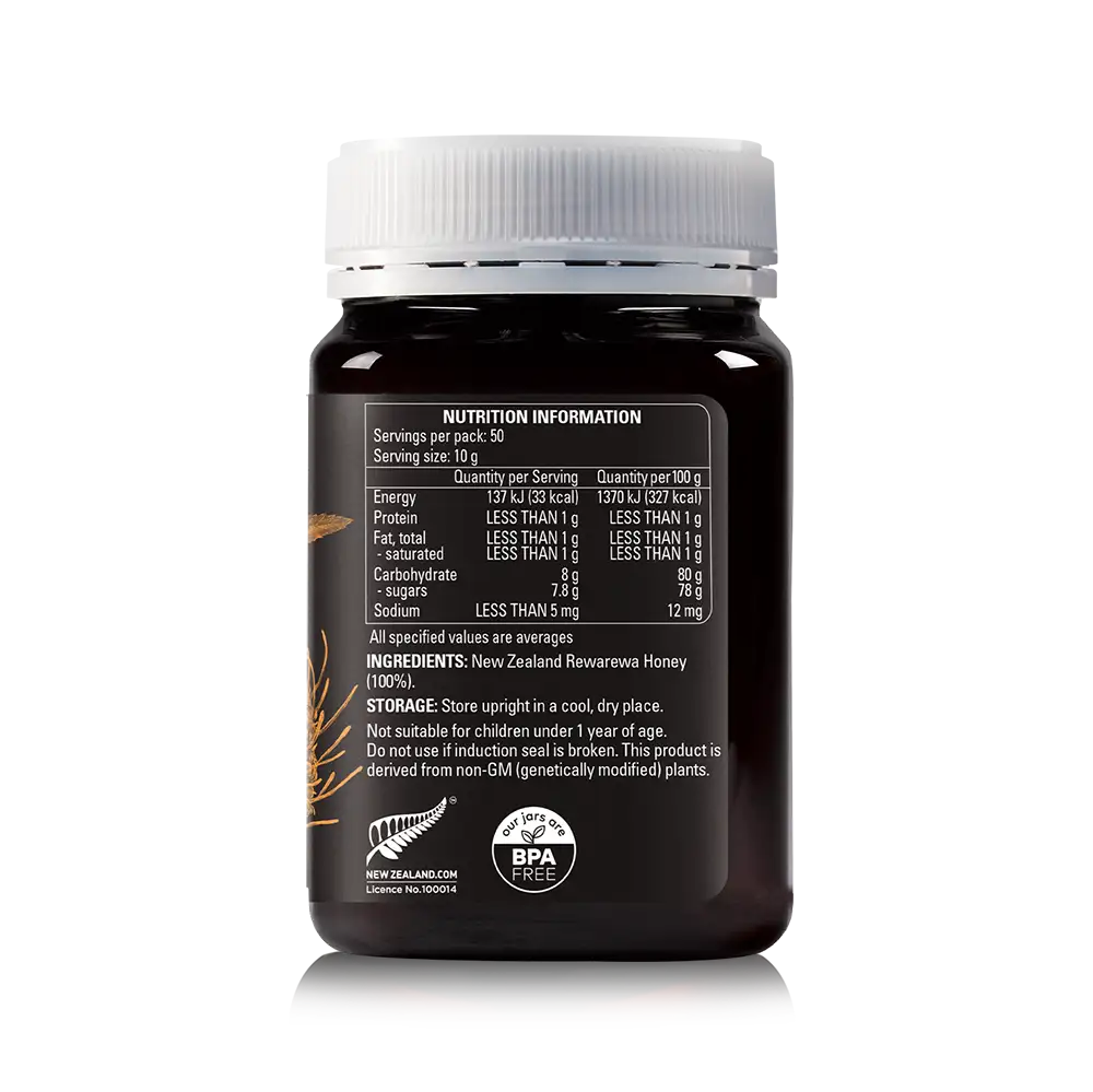 Rewarewa Honey 500g Jar back