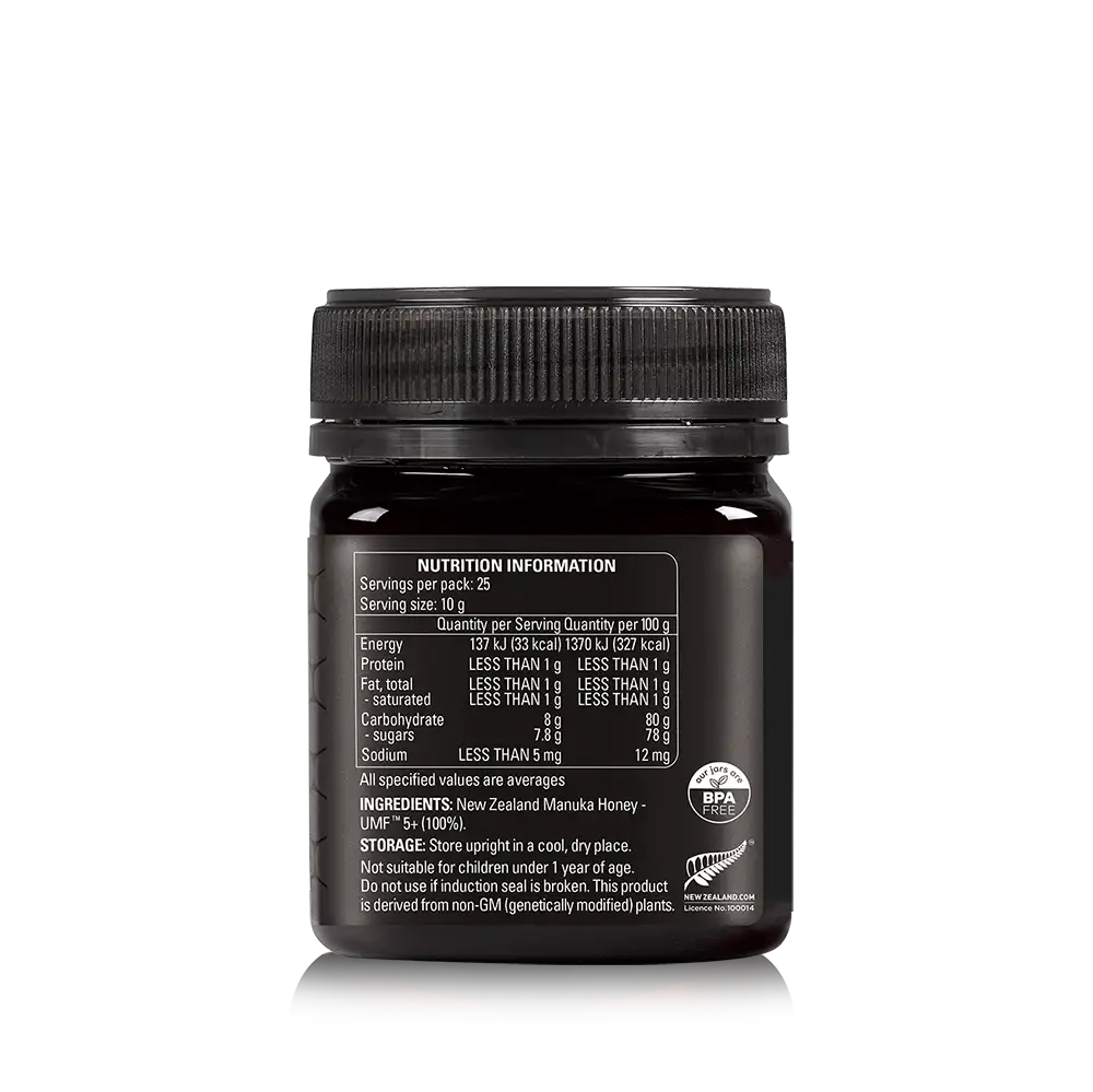 UMF 5+ Manuka Honey 250g Jar Back