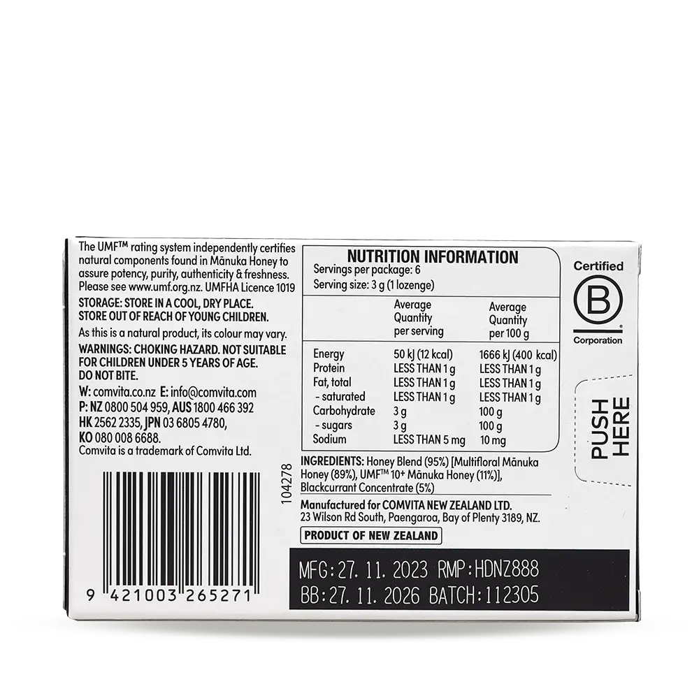 Mānuka UMF 10+ Honey Lozenges with Blackcurrant ING