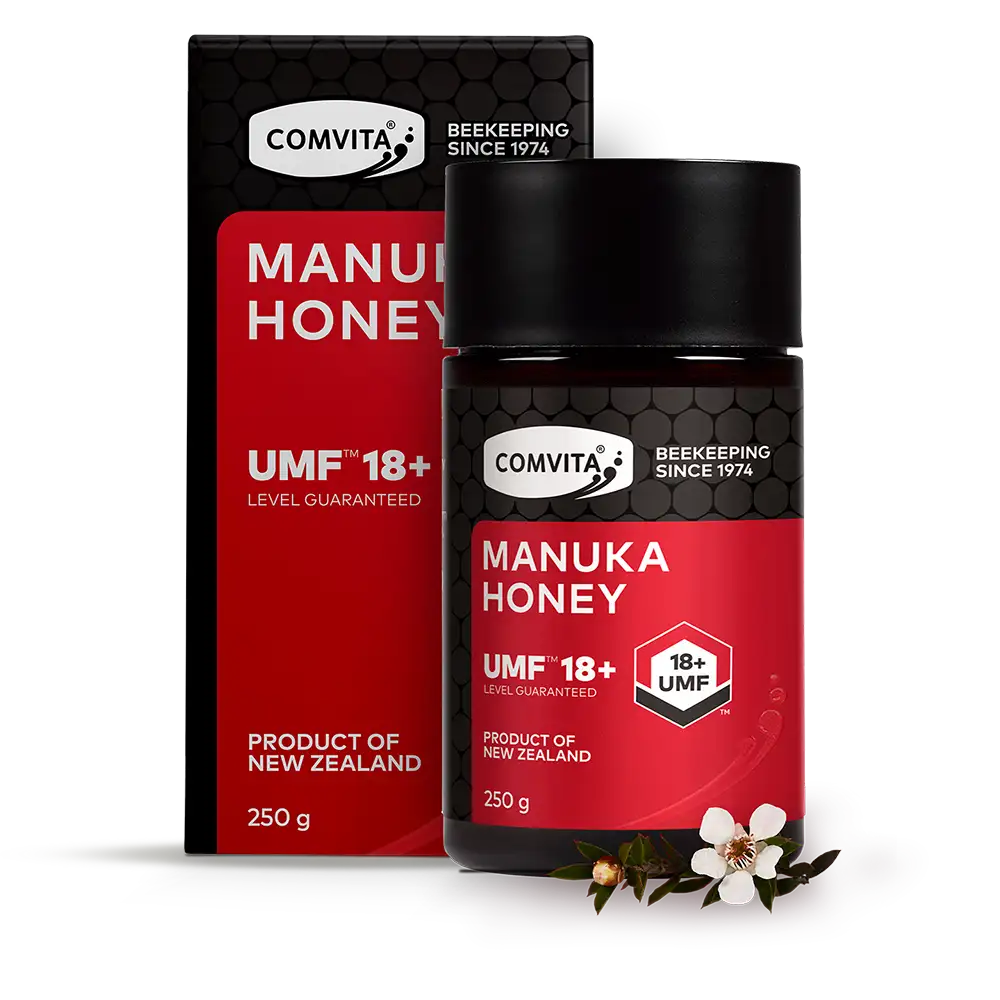 UMF 18+ Manuka Honey 250g Box and Jar Front