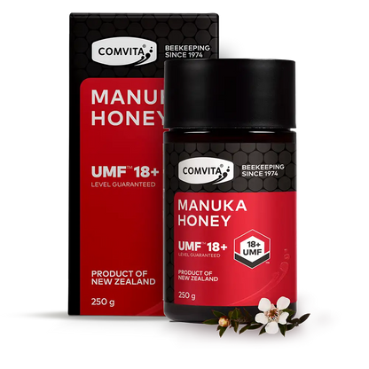 UMF 18+ Manuka Honey 250g Box and Jar Front