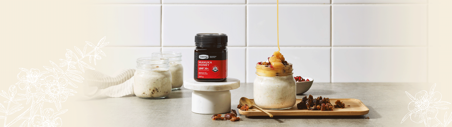 Manuka Honey Food Pictures - cheese board, Ice cream sundae, overnight oats