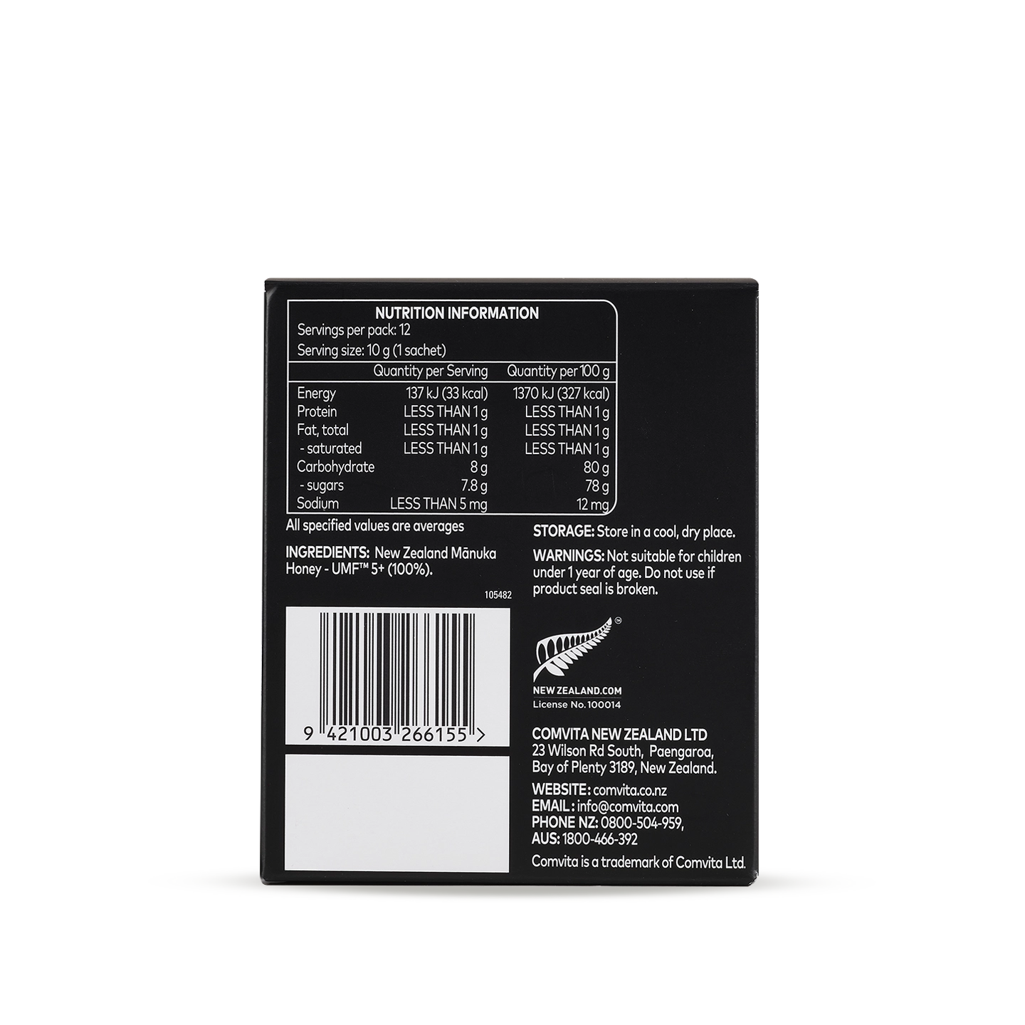 Nutrition label and product details on a black background