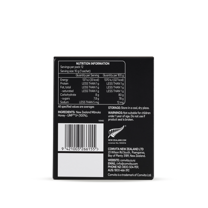 Nutrition label and product details on a black background
