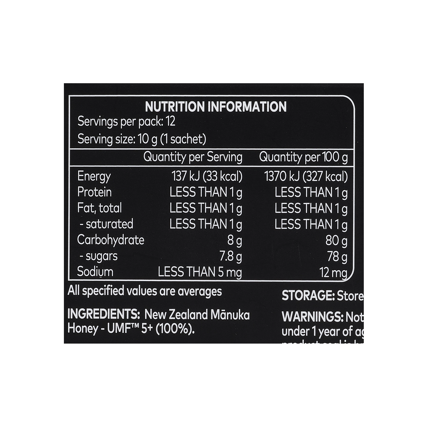 Nutrition information label for Comvita Manuka Honey Sachets 5+ 12s