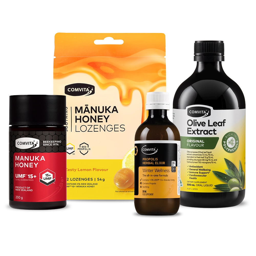 Collection of Comvita health products including Manuka honey, lozenges, and olive leaf extract on a white background.