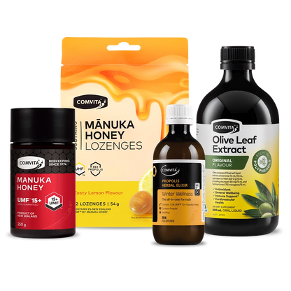 Collection of Comvita health products including Manuka honey, lozenges, and olive leaf extract on a white background.