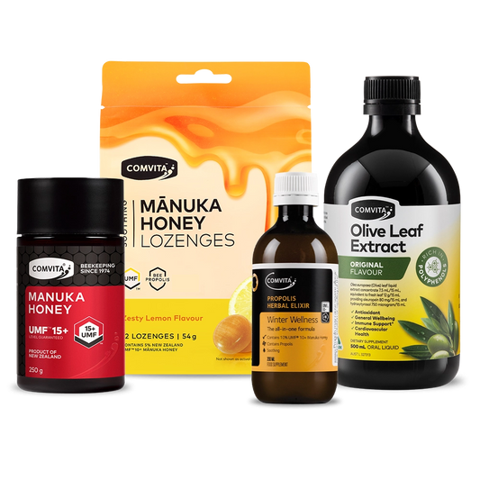 Collection of Comvita health products including Manuka honey, lozenges, and olive leaf extract on a white background.