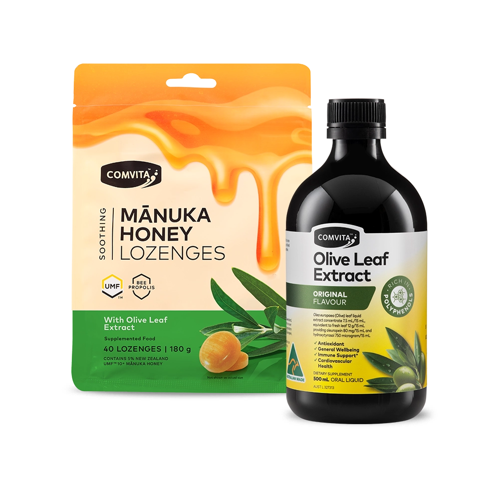 Comvita Manuka Honey Lozenges and Olive Leaf Extract on a white background