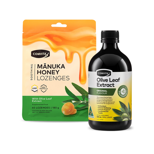 Comvita Manuka Honey Lozenges and Olive Leaf Extract on a white background