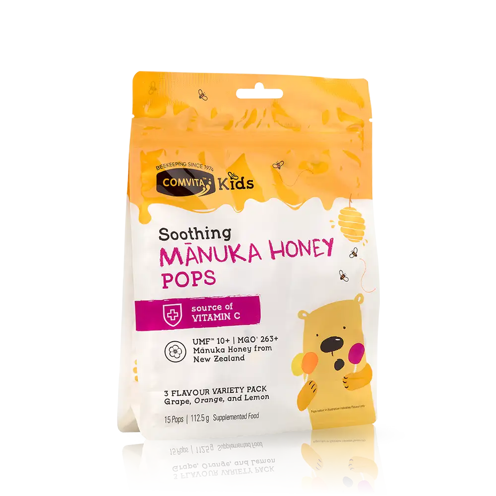 Kids Soothing Pops With UMF 10+ Mānuka Honey Pack Angle Left