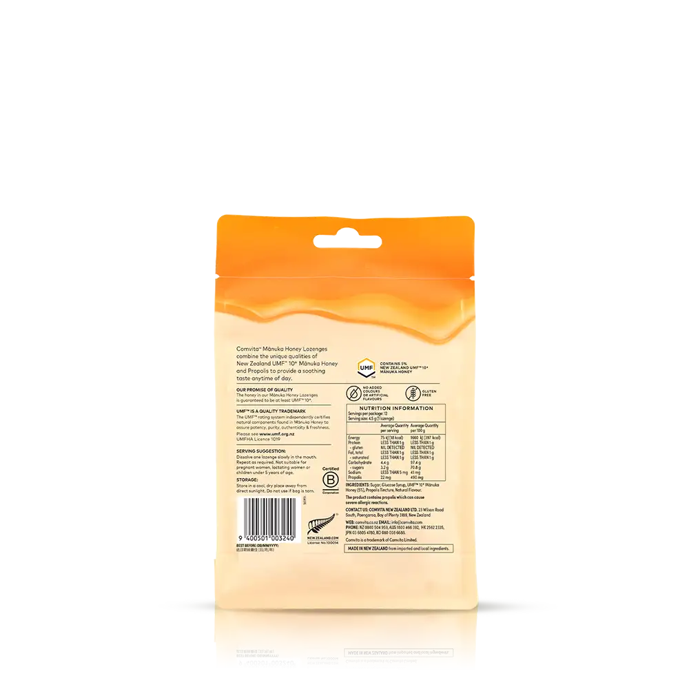 Back view of a food packaging with an orange top and beige bottom on a white background