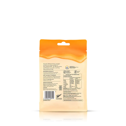 Back view of a food packaging with an orange top and beige bottom on a white background
