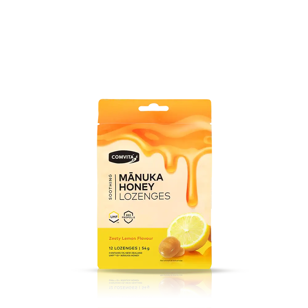 Pack of Comvita Manuka Honey Lozenges with lemon flavor on a white background