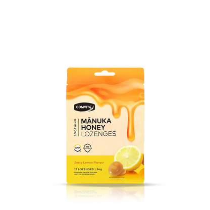 Pack of Comvita Manuka Honey Lozenges with lemon flavor on a white background