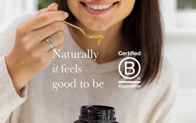Eating honey with strapline 'Naturally it feels good to be B-Corp Certified'